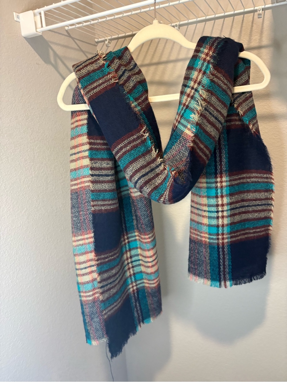 City Streets Navy Plaid Scarf with Teal and Cream Stripes